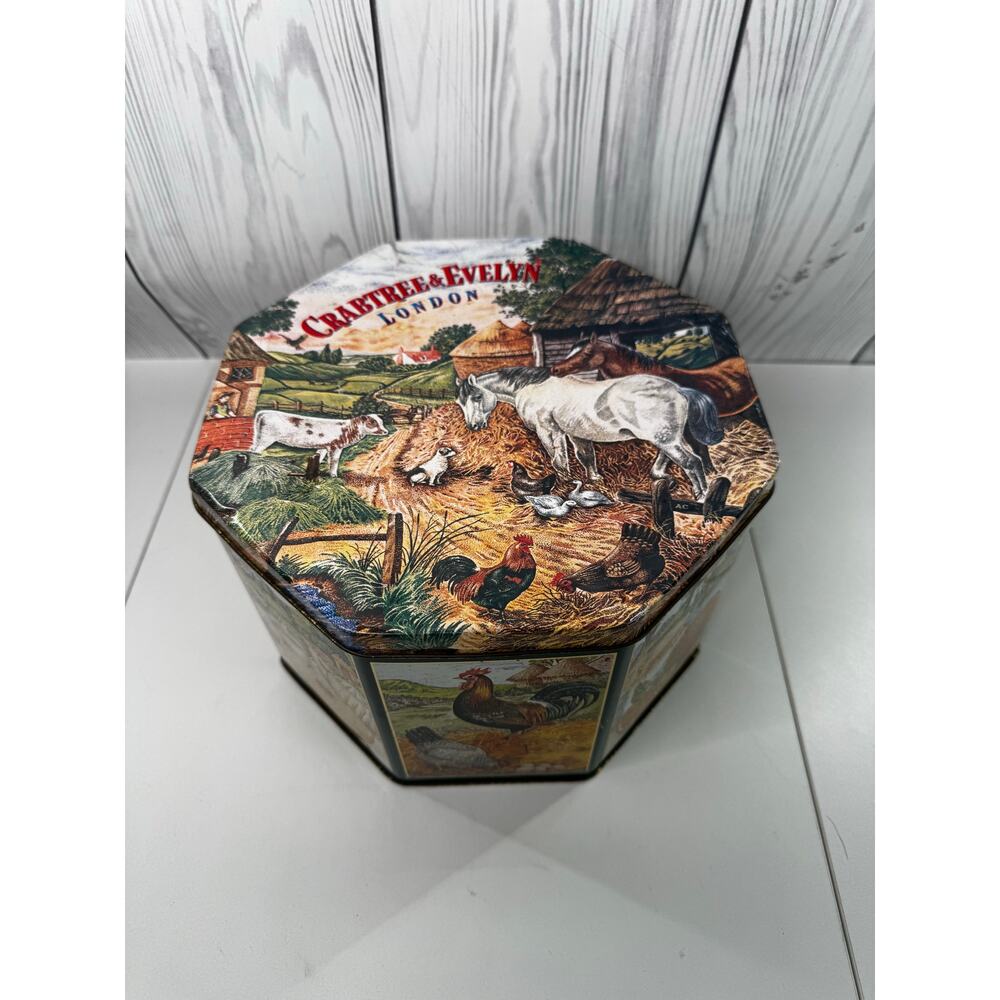 Vintage 1985 Crabtree and Evelyn Octagon Tin Farm Horse Chicken Tall Round - Picture 2 of 12